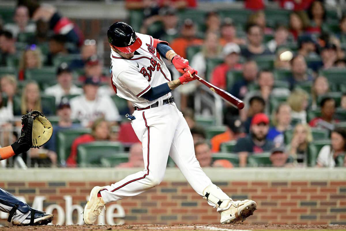 ATLANTA, GA - AUGUST 20: Vaughn Grissom #18 of the Atlanta Braves hits a home run against the Houston Astros during the fifth inning at Truist Park on August 20, 2022 in Atlanta, Georgia. (Photo by Adam Hagy/Getty Images)
