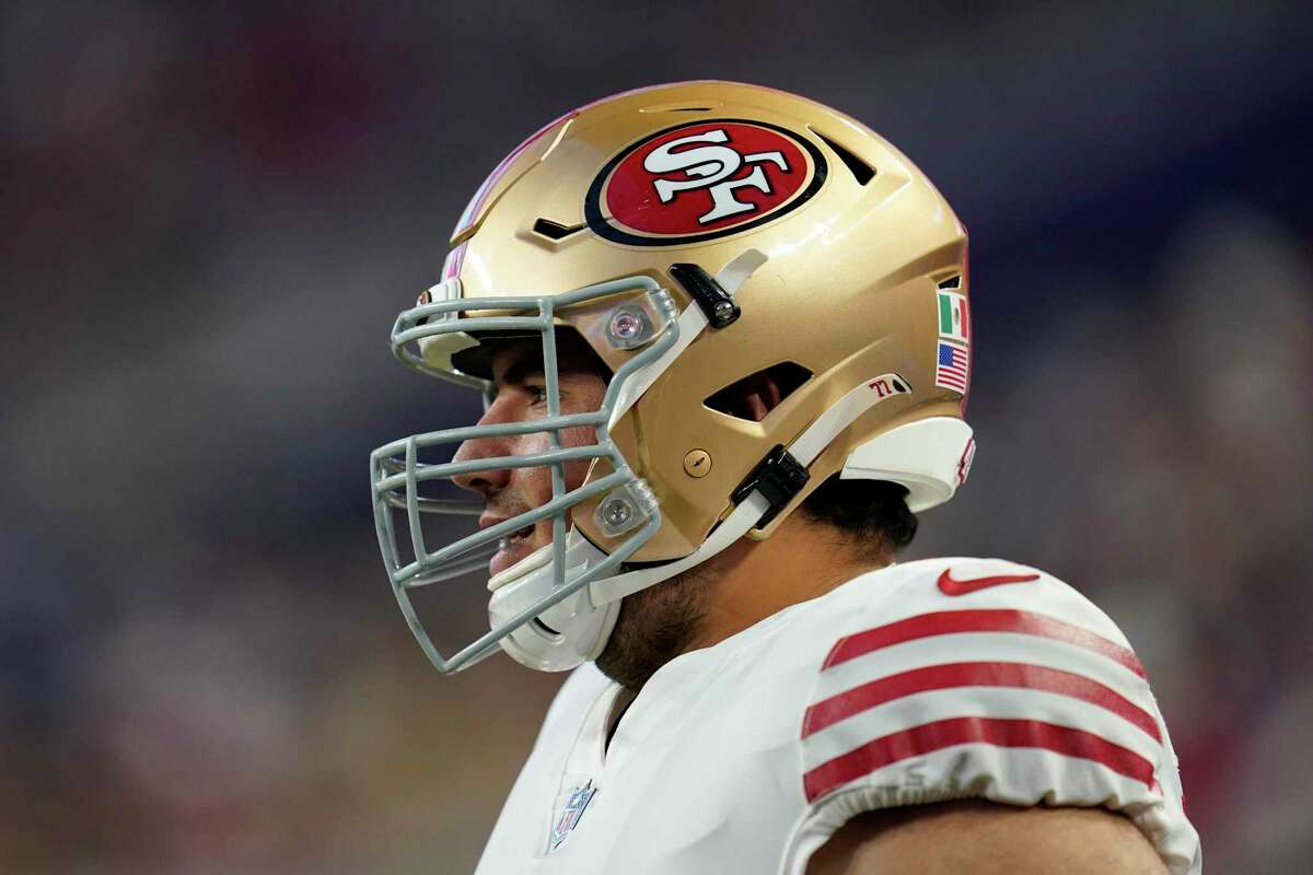 Flag decals are shown on the helmet of San Francisco 49ers offensive tackle  Alfredo Gutierrez during the second half of an NFL preseason football game  against the Green Bay Packers in Santa