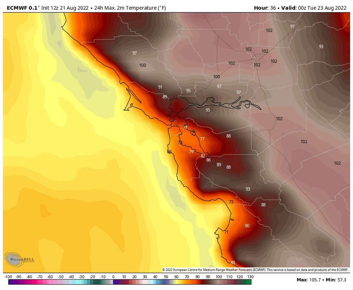Lower temperatures will be confined to the coast and parts of the San Francisco Bay, with mild 60s and 70s (shown above in yellow and orange) limited in their scope on Monday afternoon. Areas farther inland will return to the upper 80s and low 90s.
