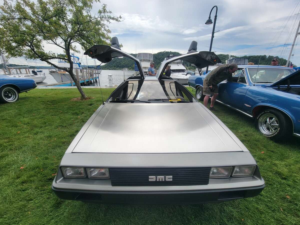 Made famous by the movie series "Back to the Future," a Delorean, with its iconic gull wing doors, on display at the Collector Car Show in Frankfort.