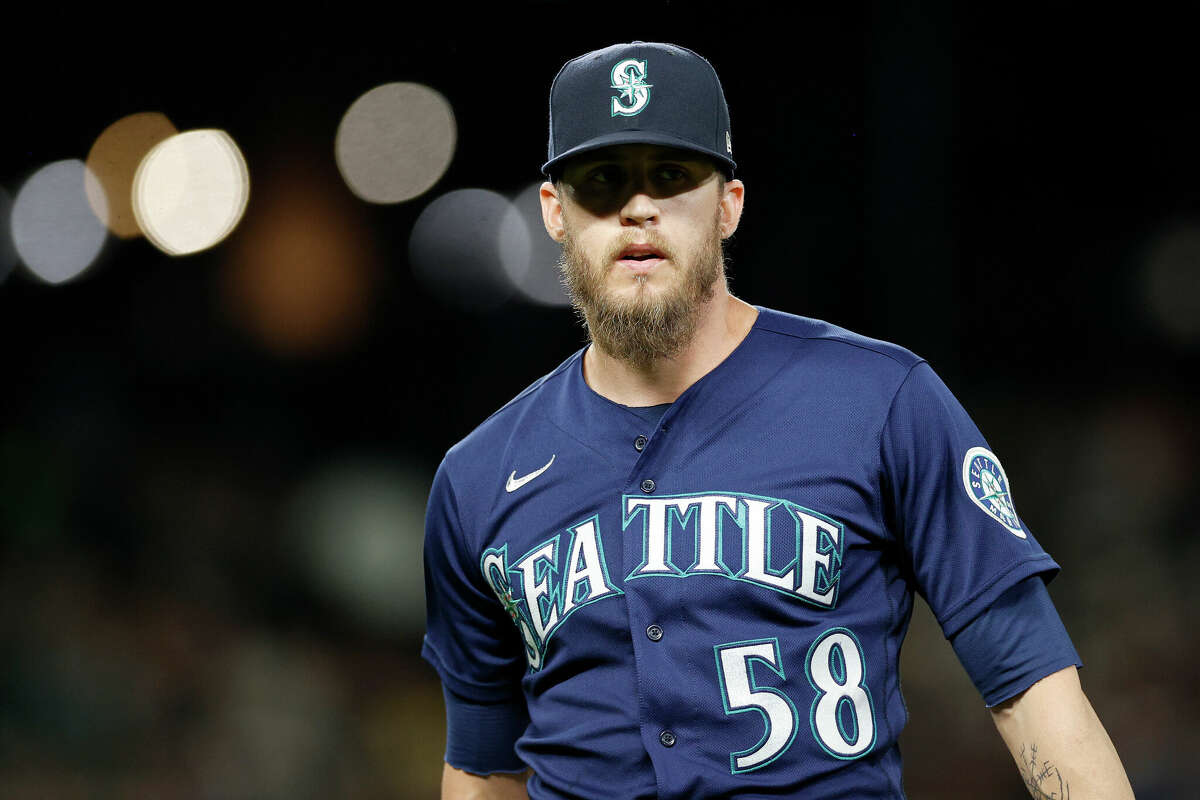 Ken Giles of the Seattle Mariners looks on during the ninth inning against the Oakland Athletics at T-Mobile Park on July 1, 2022 in Seattle, Washington.