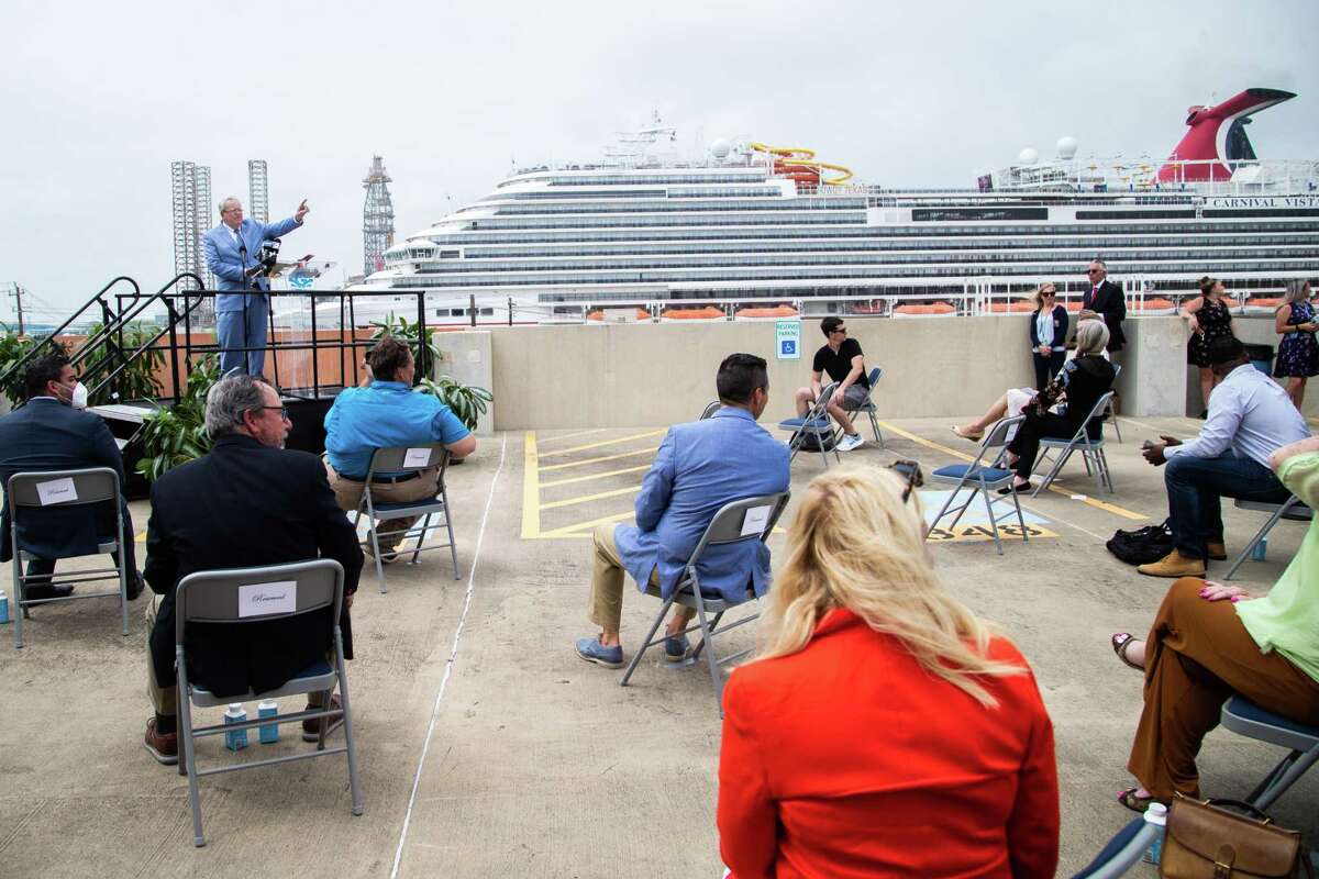 UTMB Health interim president Ben Raimer gives a speech at a Carnival Cruise event, Monday, May 3, 2021, in Galveston celebrating the return of two Carnival cruises to the area.
