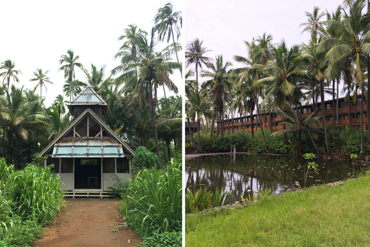 The chapel and grounds of the derelict Coco Palms Resort on a visit in 2016.