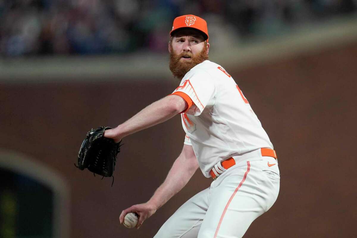 San Francisco Giants' John Brebbia during a baseball game against the Los Angeles Dodgers in San Francisco, Tuesday, Aug. 2, 2022. (AP Photo/Jeff Chiu)