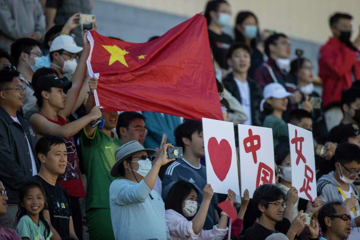 Fans of the China Women's National Football Team are seen during an exhibition game against the California Golden Bears Women's Soccer team at Edwards Stadium in Berkeley, California Saturday, Aug. 20, 2022.