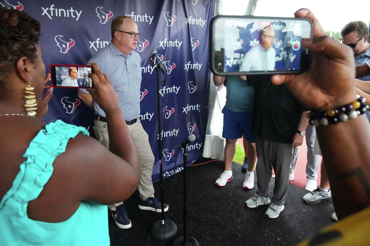 Houston Texans president Greg Grissom speaks about the death of former team president Jamey Rootes Tuesday, Aug. 23, 2022, in Houston.