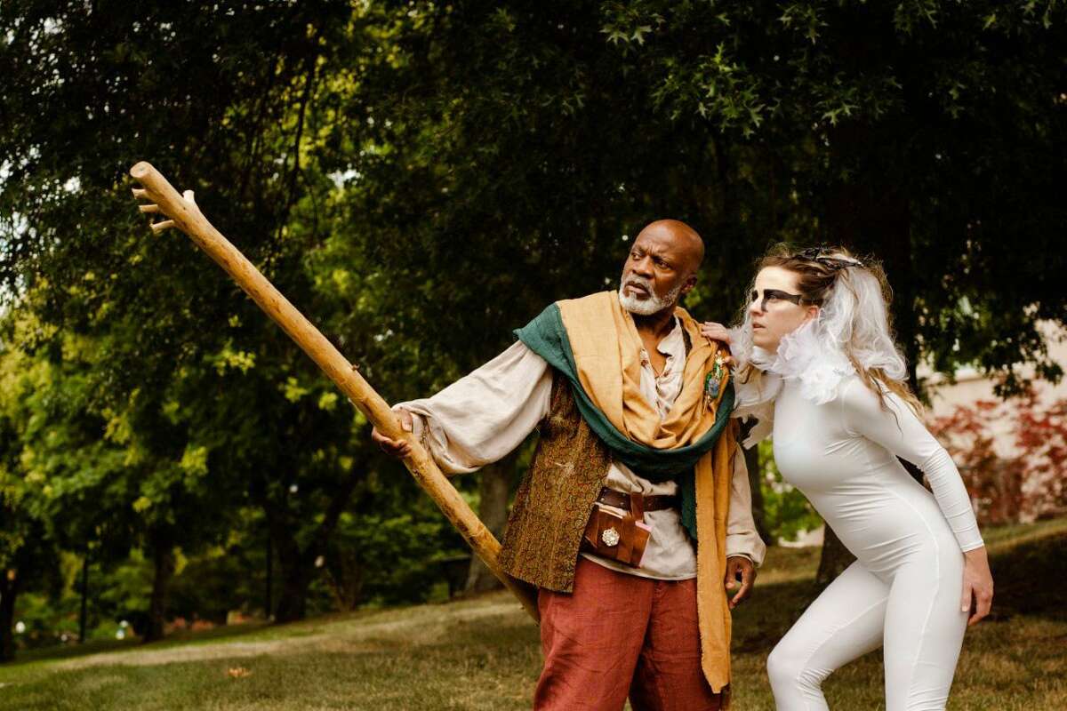 “The Tempest” is being performed by the Elm Shakespeare Co. at Edgerton Park in New Haven through Sept. 4. From left are L. Peter Callender, who plays Prospero, and Sarah Bowles, who plays Ariel.