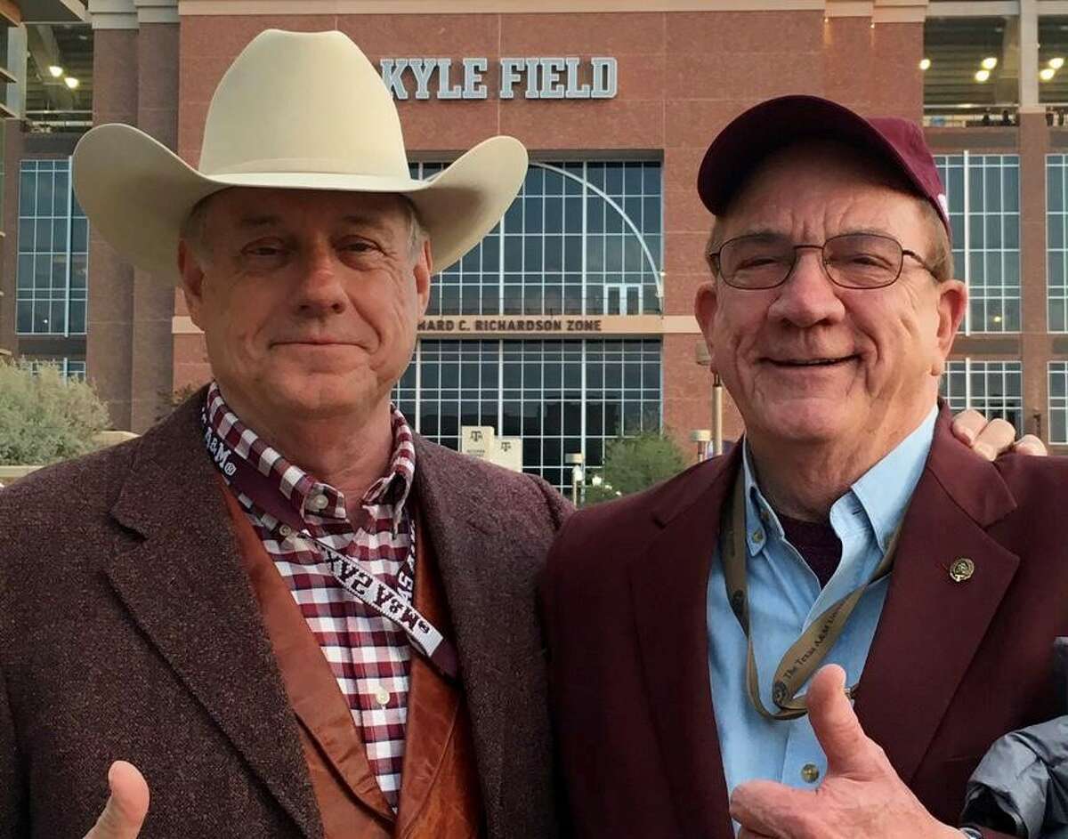 Former Texas A&M regent chair Richard Box, right, was instrumental in making Kyle Field a safer place for fans on Saturdays in the fall. At left is former A&M regent Jim Schwertner.