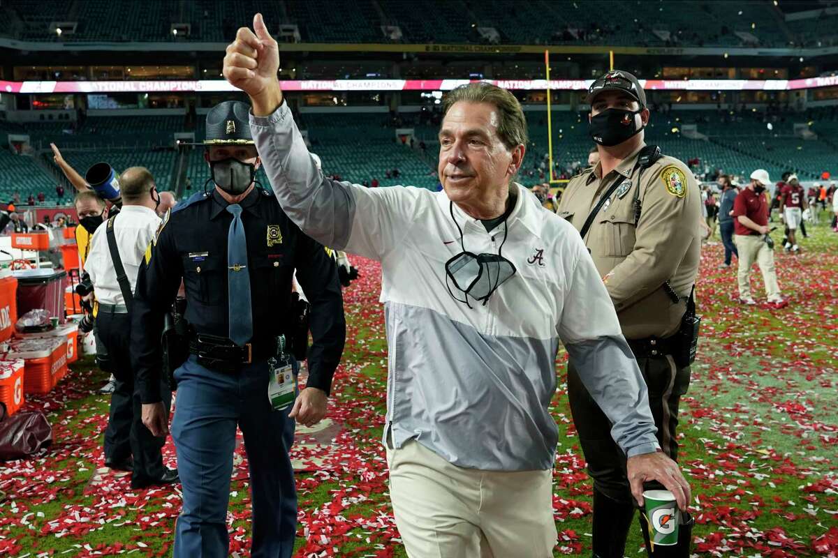 FILE - Alabama head coach Nick Saban leaves the field after their win against Ohio State in an NCAA College Football Playoff national championship game in Miami Gardens, Fla., in this Tuesday, Jan. 12, 2021, file photo. Another college football season will start with everyone chasing the Tide. Alabama is No. 1 in The Associated Press Top 25 preseason college football poll released Monday, Aug. 16, 2021. (AP Photo/Lynne Sladky, File)