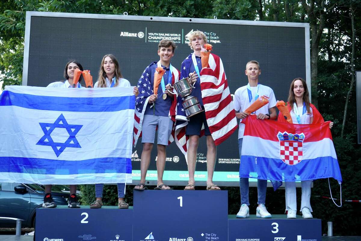 Greenwich residents Freddie Parkin and Asher Beck of Cos Cob, representing the United States in the i420 in the Netherlands, won a gold medal and the International Yacht Youth Sailing World Championship trophy Racing Union earlier this summer.
