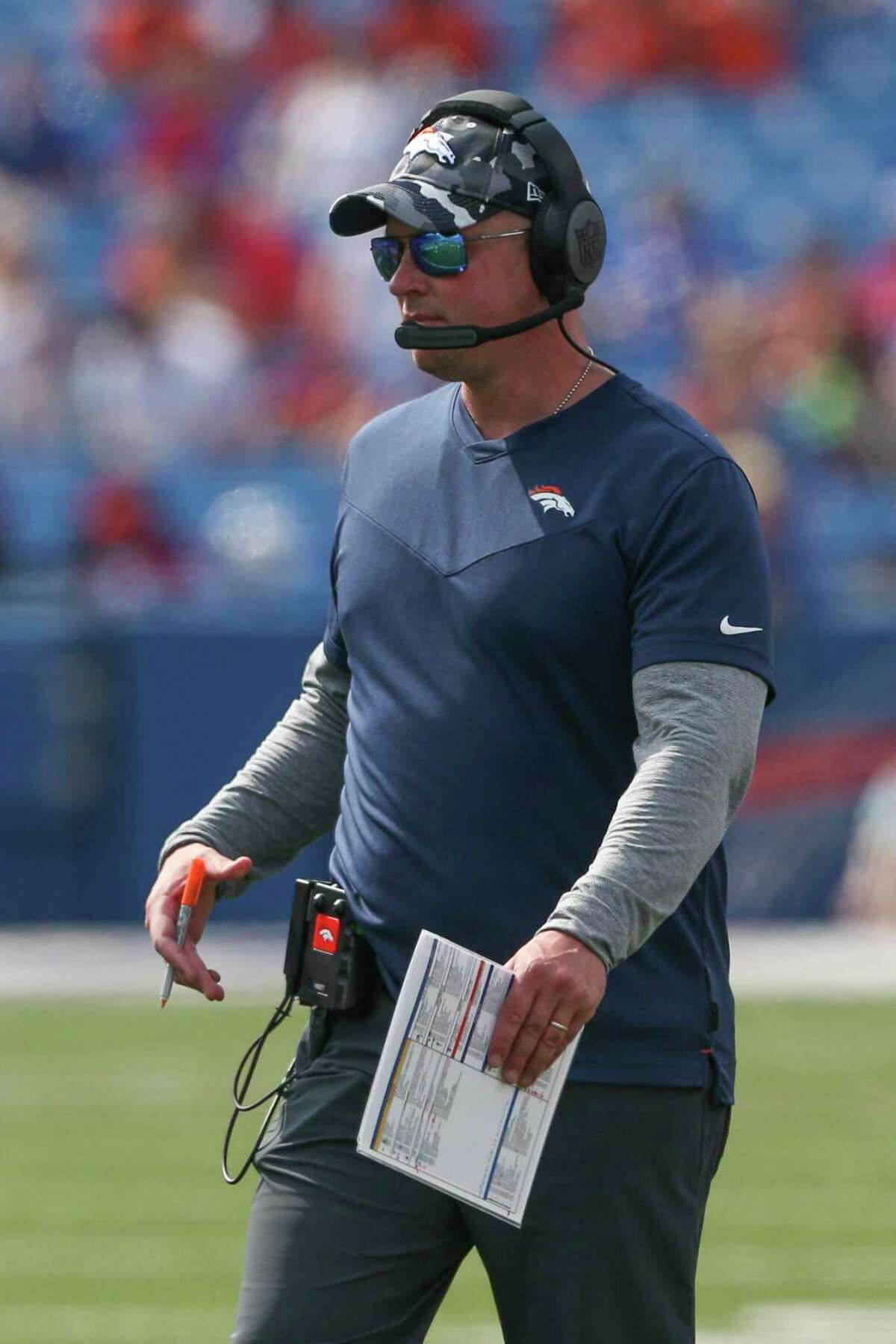 Denver Broncos head coach Nathaniel Hackett during the second half of a preseason NFL football game against the Buffalo Bills, Saturday, Aug. 20, 2022, in Orchard Park, N.Y. (AP Photo/Joshua Bessex)