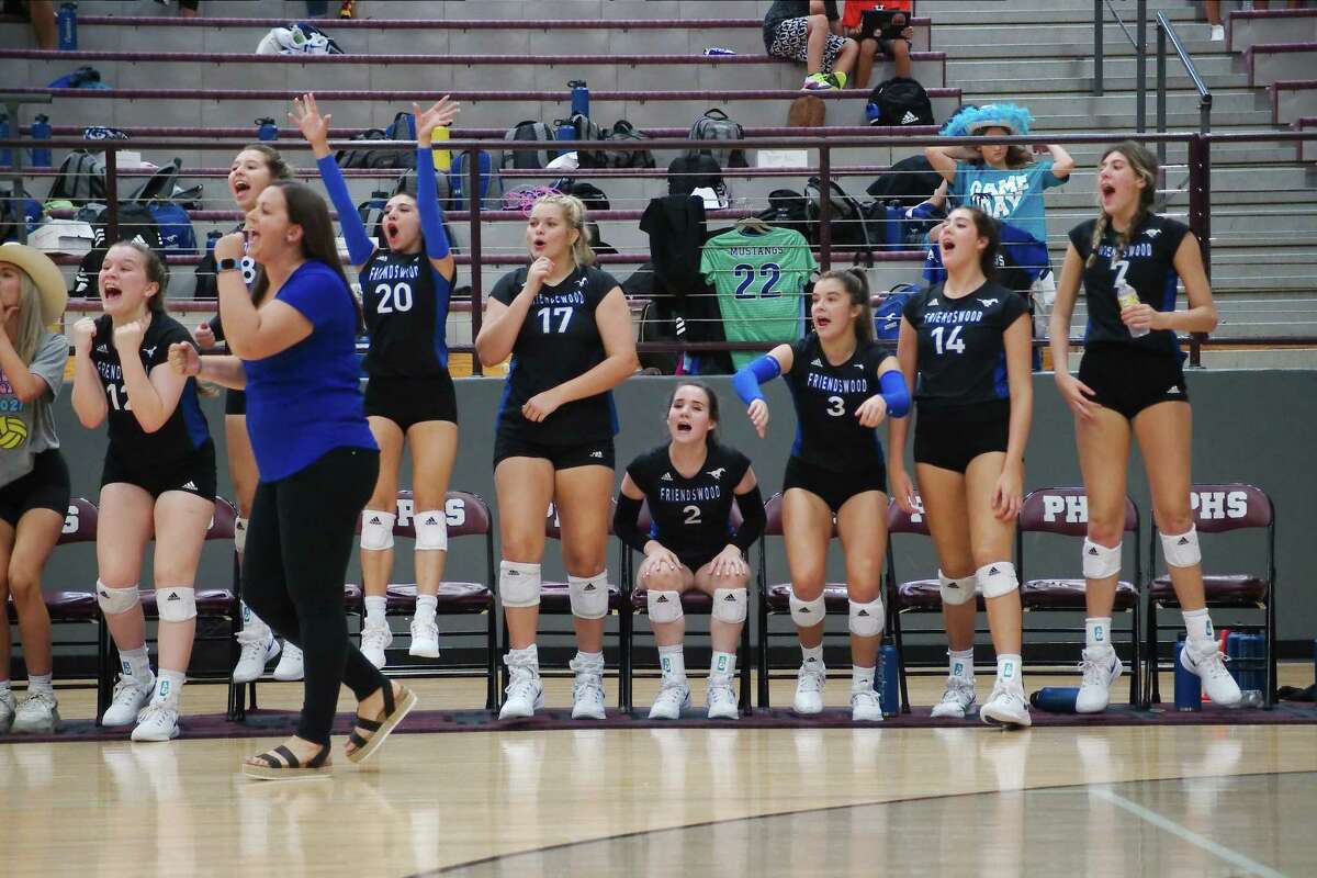 Friendswood celebrates a point against Pearland Tuesday, Aug. 23, 2022 at Pearland High School.