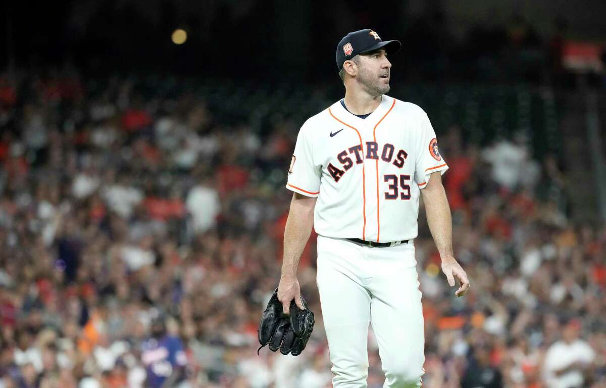 Justin Verlander departed after six no-hit innings and 10 strikeouts in the Astros' victory over the Twins on Tuesday night at Minute Maid Park.