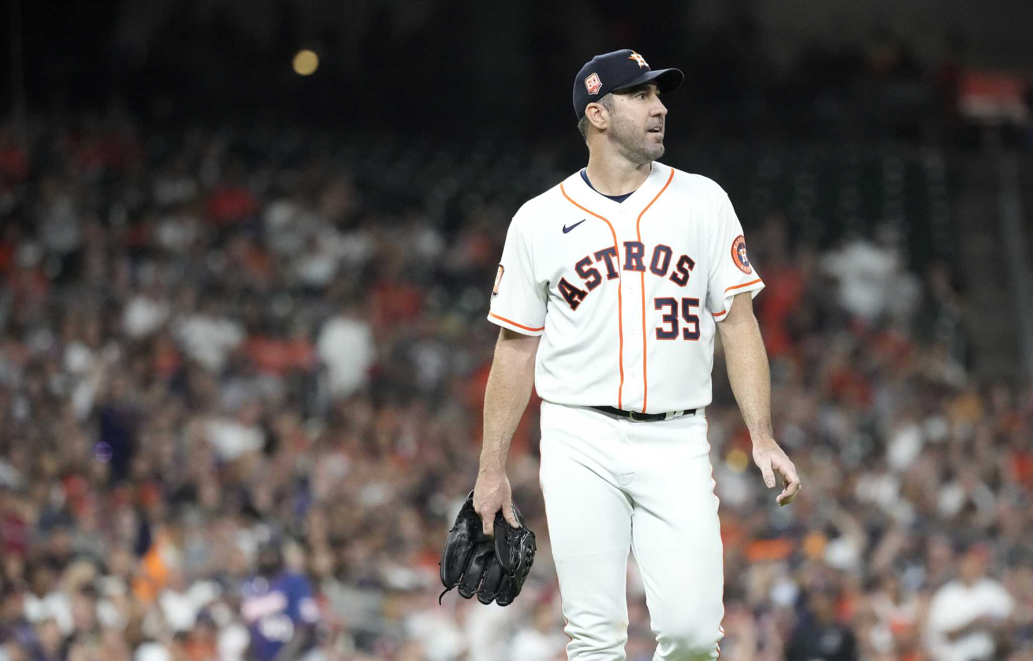 Houston Astros starting pitcher Justin Verlander (35) warms up in the top  of the first inning during the MLB game between the Houston Astros and the  Seattle Mariners on Tuesday, June 7