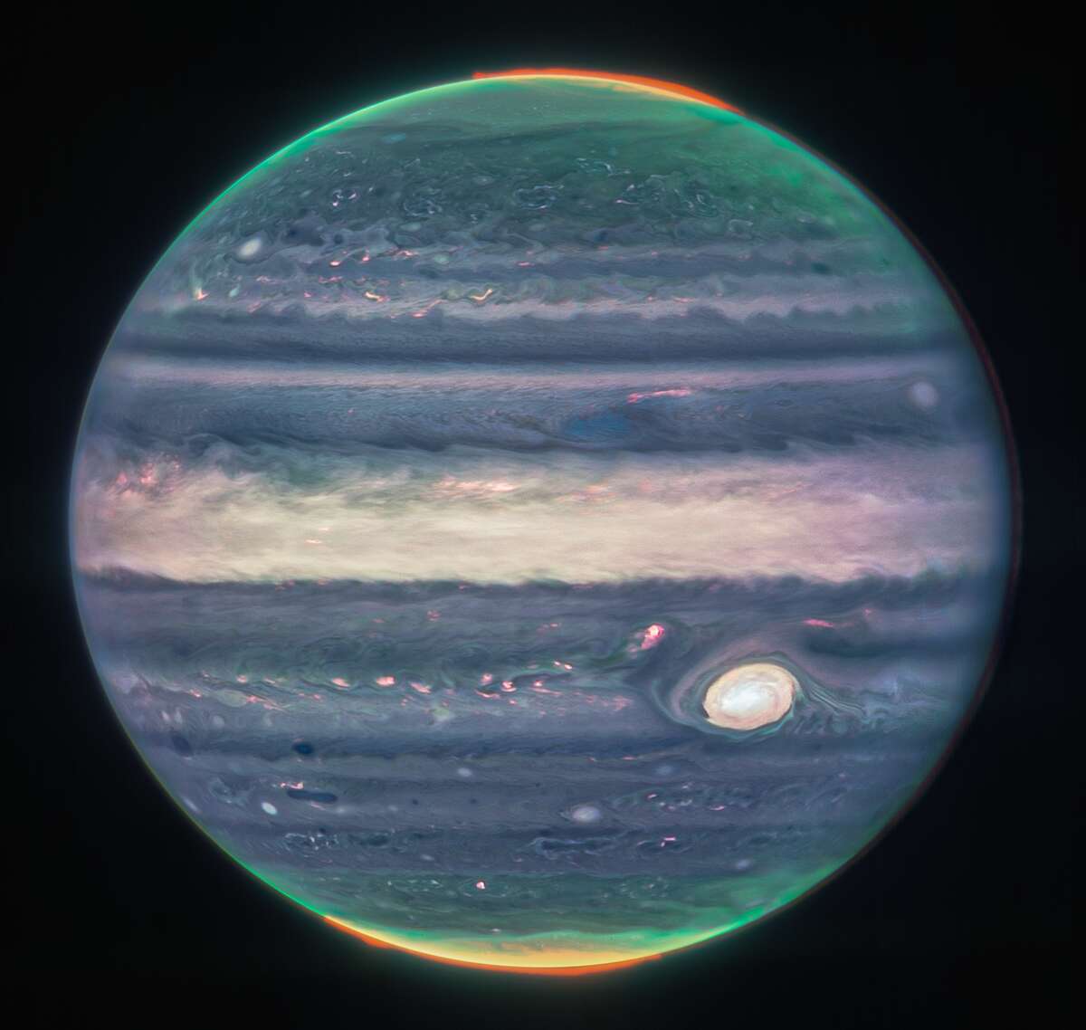 A composite image of Jupiter from three filters, taken from NASA's James Webb Telescope. 