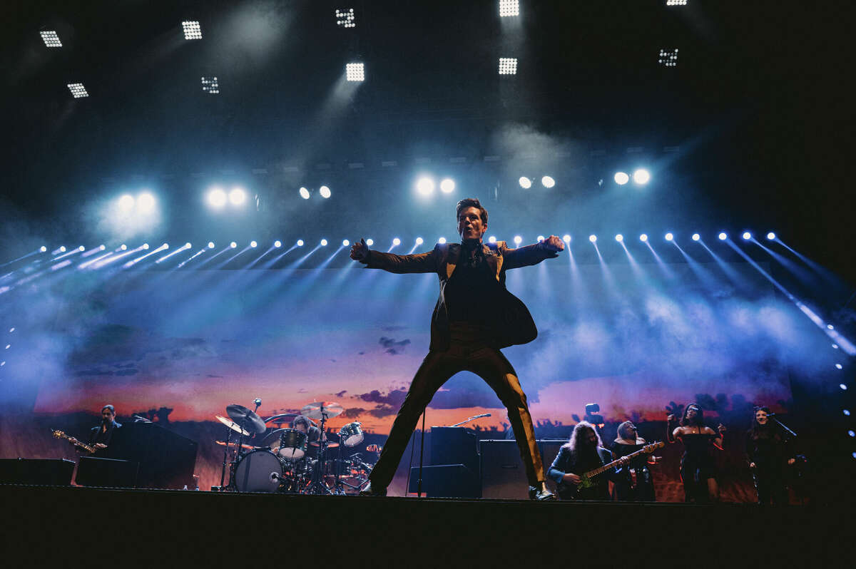 Brandon Flowers of The Killers performing at the Chase Center in San Francisco on August 23, 2022.