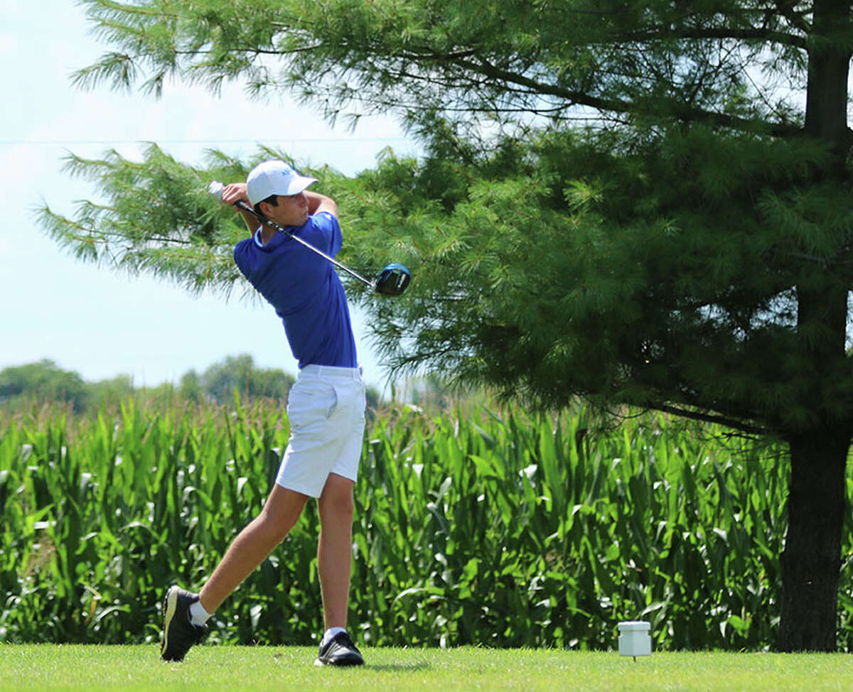 Marquette Catholic senior Aidan O'Keefe watches his drive on hole No. 4 at last week's Madison County Tournament at Belk Park in Wood River. On Monday, O'Keefe shot a school-record 30 in a nine-hole round at Spencer T. Olin in Alton.