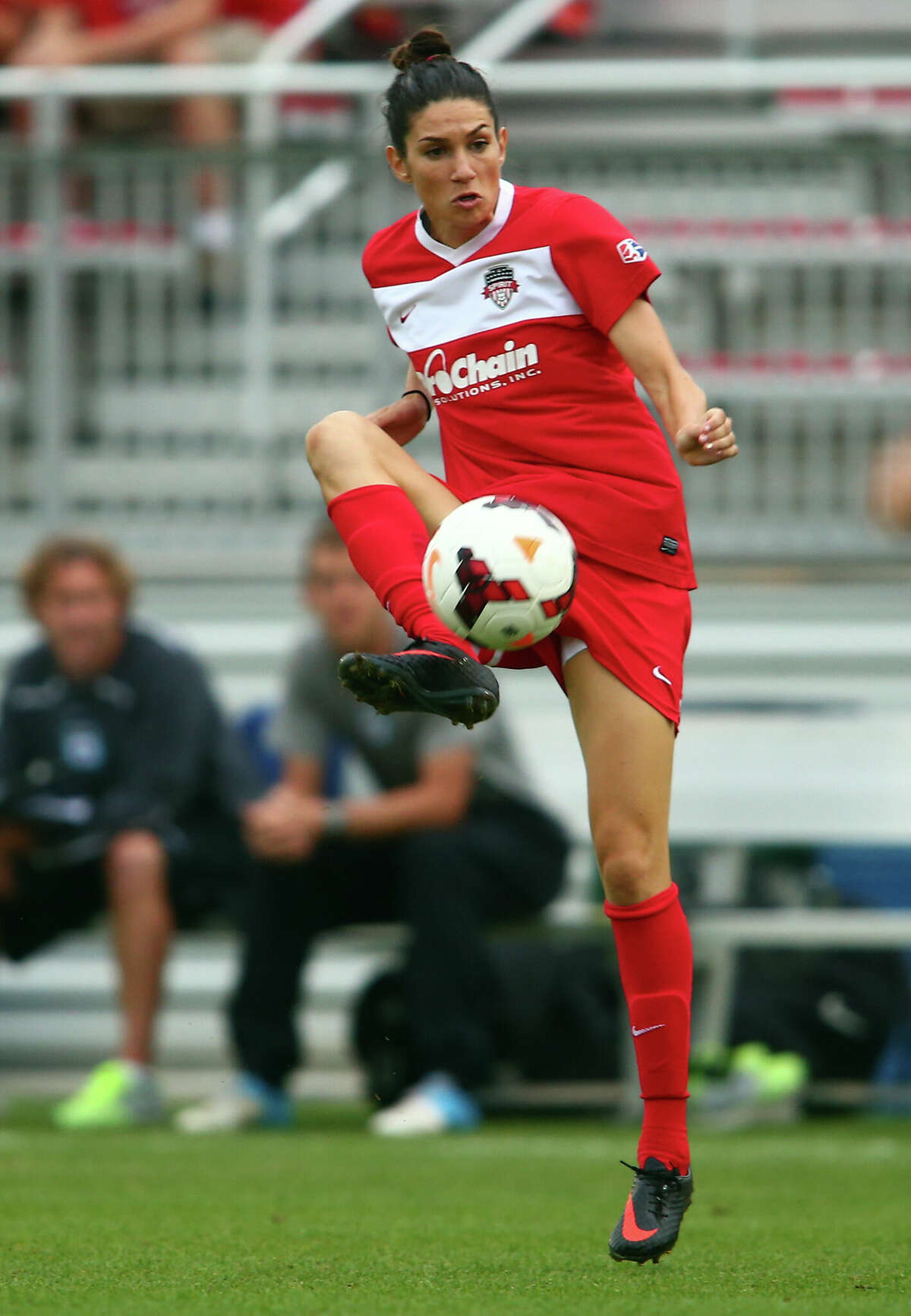 Alex Singer of the Washington Spirit controls the ball against the Chicago Red Stars during a WNSL match at the Maryland Soccerplex in Boyds, Maryland on Aug. 2, 2014.