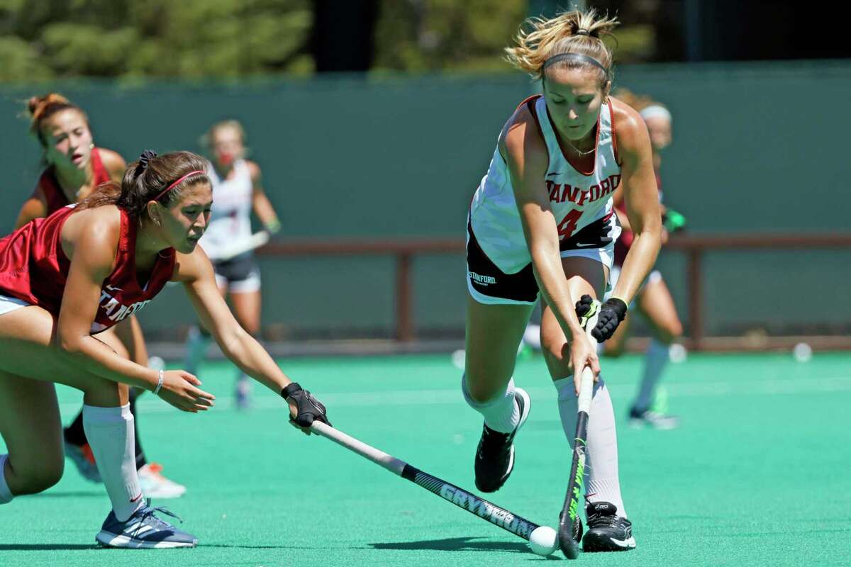 Stanford Cardinal midfielder Megan Frost (4) during field hockey practice, Sunday, Aug. 21, 2022, in Stanford, Calif.