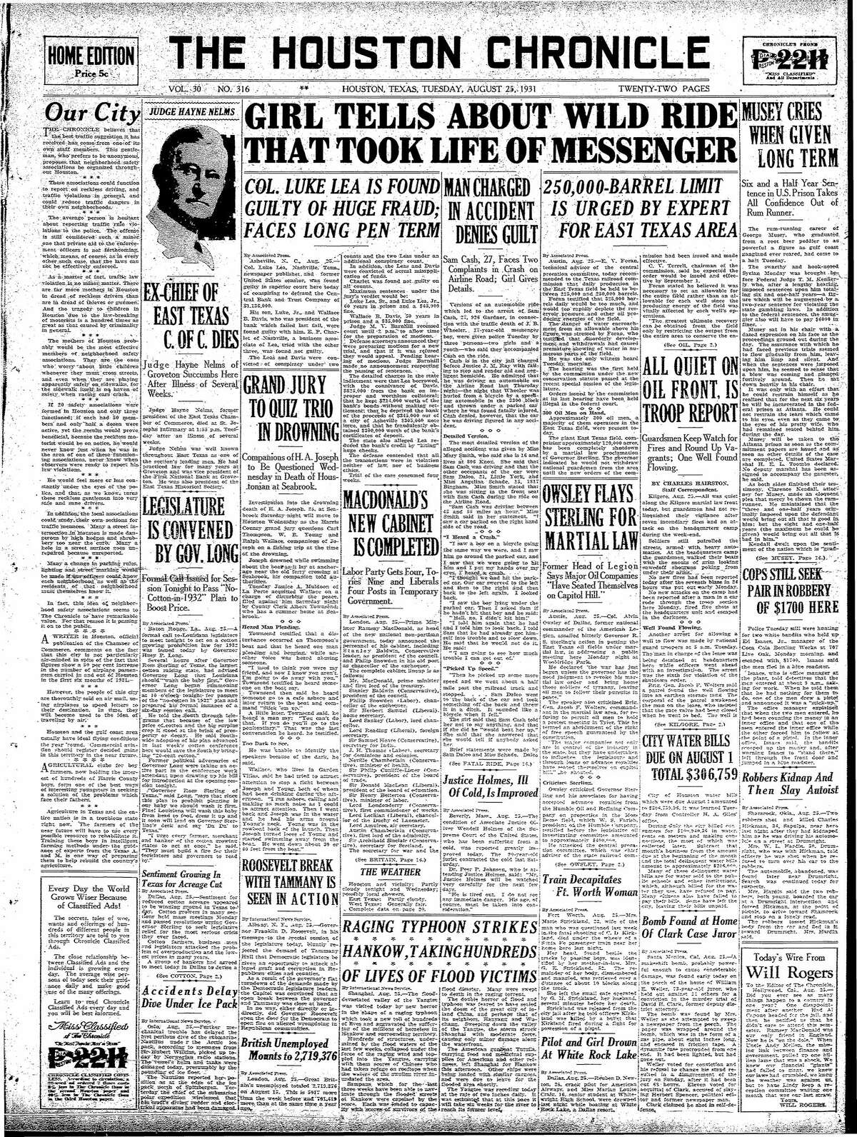 Houston Chronicle front page for Aug. 25, 1931.