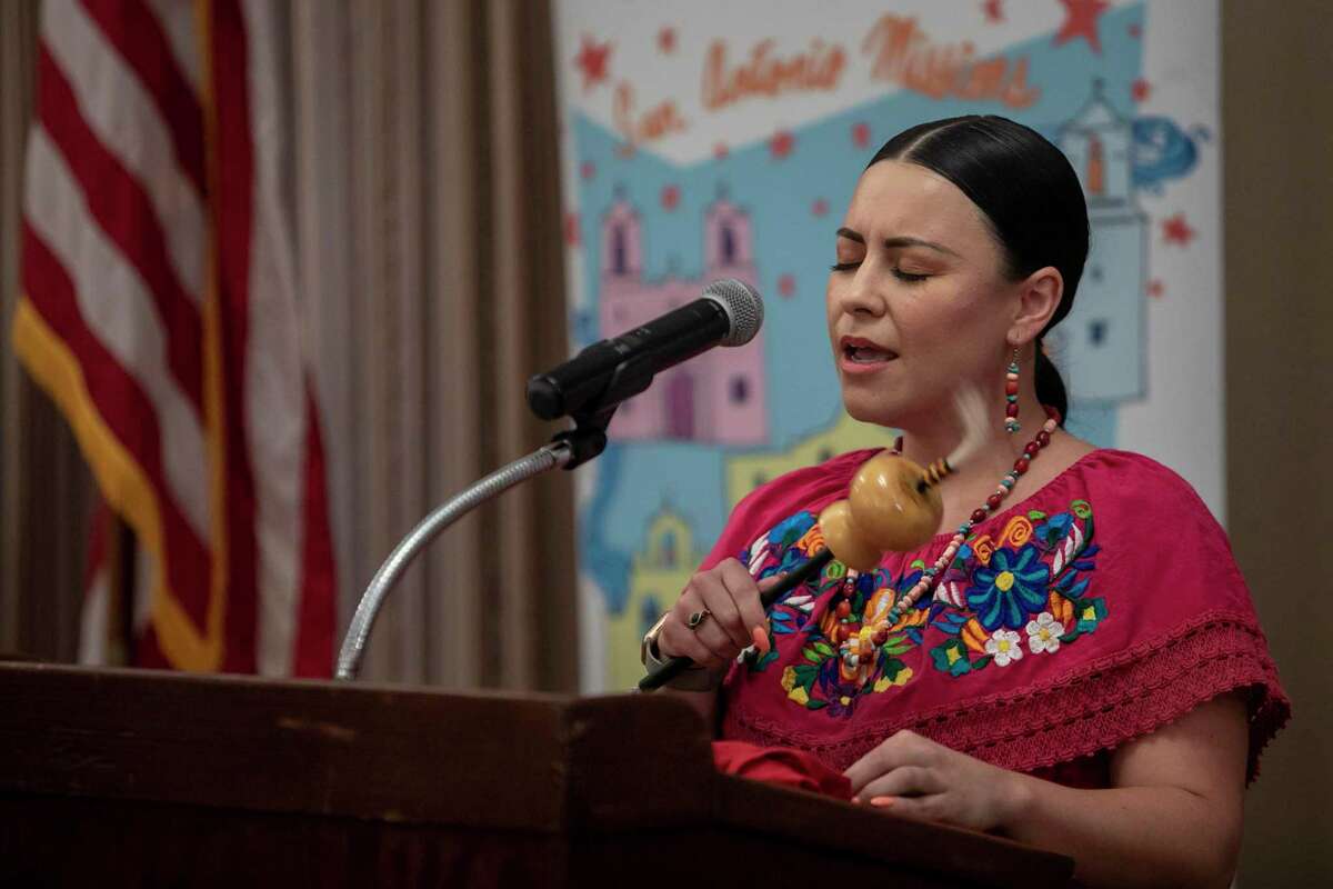 Destiny Hernandez of American Indians in Texas at the Spanish Colonial Missions offers a prayer for the Four Directions during a press conference announcing the 7th World Heritage Festival at the Alamo in San Antonio, TX, on Aug. 24, 2022. The festival will be highlighting the five San Antonio missions and Rancho de las Cabras near Floresville that collectively make up the only international recognized UNESCO World Heritage Site in Texas. The festival is set for Sept. 7-11.