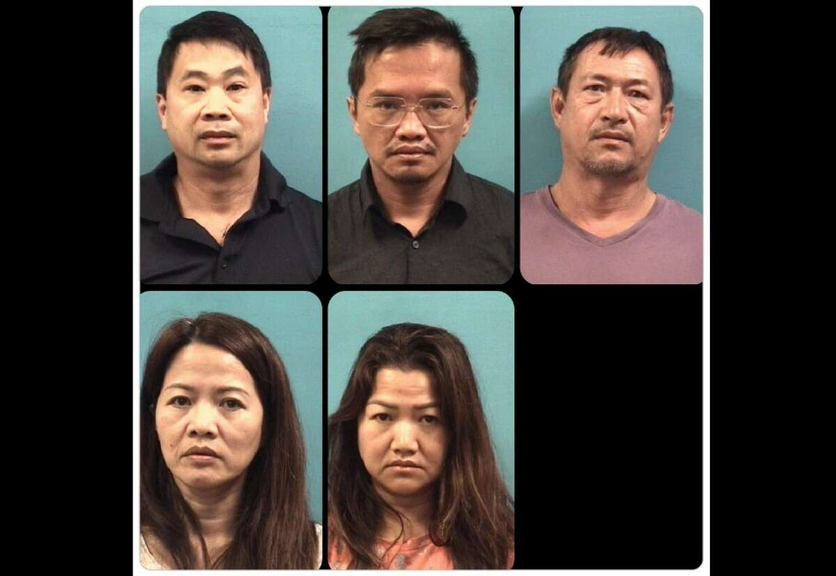 Henri Pham, 59 (top left), Quoc Le, 39, Timothy Ngo 51, Tram Le 48, and Tran Le, 45 were arrested in Pearland on Wednesday, Aug. 24, 2022 and charged with engaging in organized criminal activity.