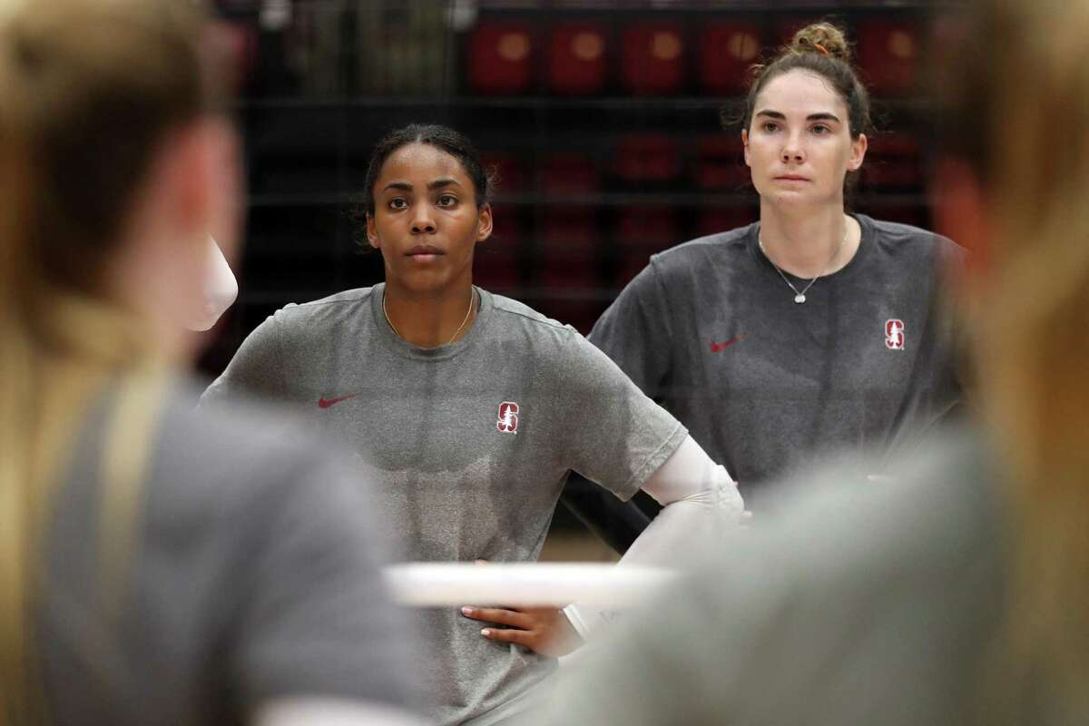 Kami Miner and Catie Baird during Stanford Women’s Volleyball practice in Stanford, Calif., on Monday, August 22, 2022.