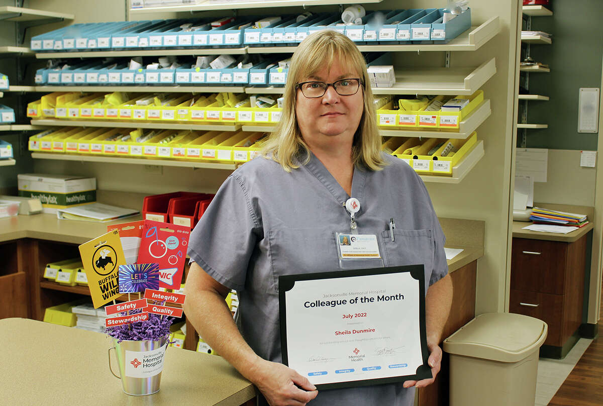 Pharmacy purchasing/return goods agent Sheila Dunmire has been named Jacksonville Memorial Hospital's Colleague of the Month for July. 