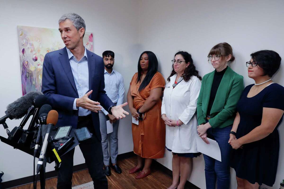Democratic gubernatorial candidate Beto O’Rourke, left, speaks on the Texas abortion laws as he references the experiences of the other speakers behind him during a press conference held at Houston Women's Reproductive Services Thursday, Aug. 25, 2022 in Houston, TX.
