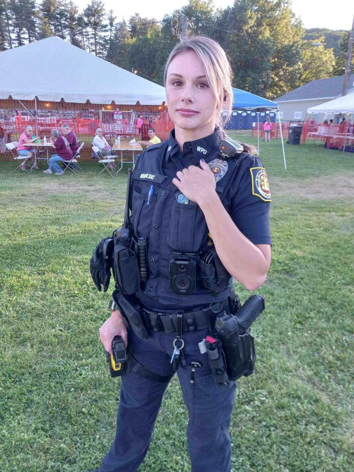 The Winsted Fire Department's annual carnival kicked off Aug. 24 at Rowley Field. The event continues through Saturday, Aug. 27. Winchester Police Department Officer Joy Mikulski was on duty Wednesday night.