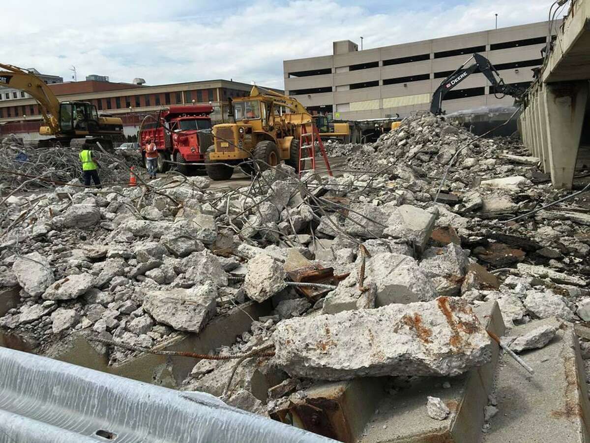 Middletown’s parking arcade demolition was halfway complete in May 2018. A flat gravel lot temporarily replaced the former Court Street structure.