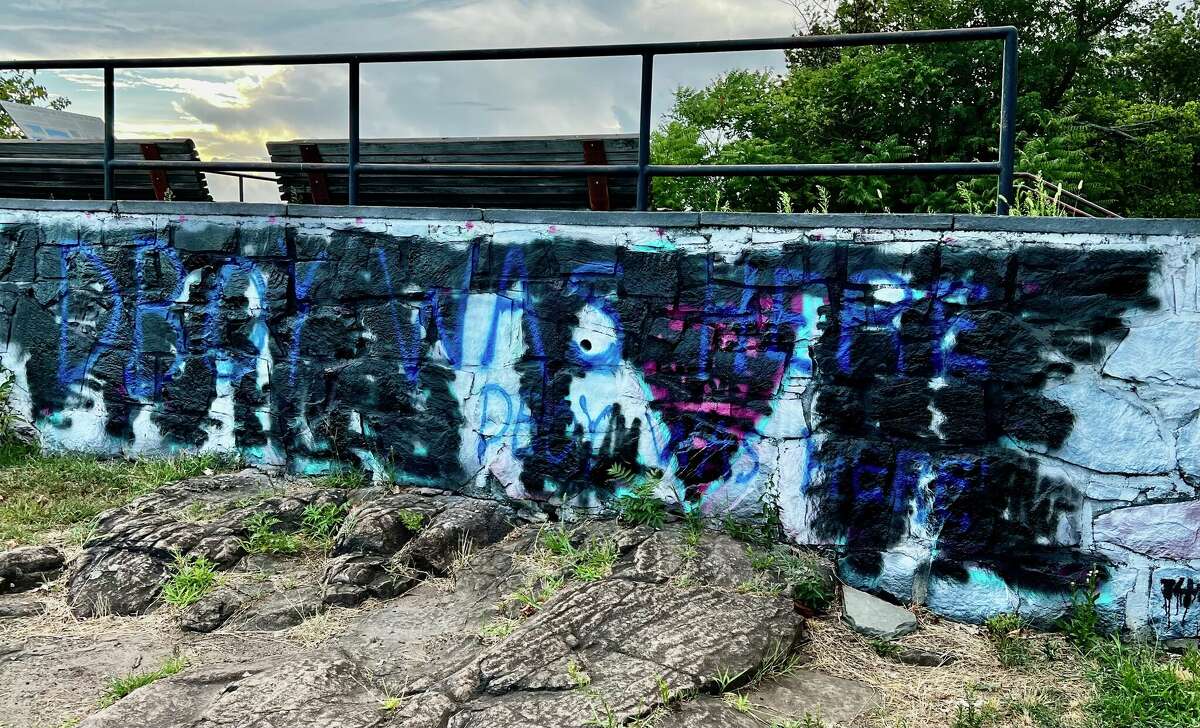 "Trans Love" mural atop East Rock in New Haven after it was vandalized.