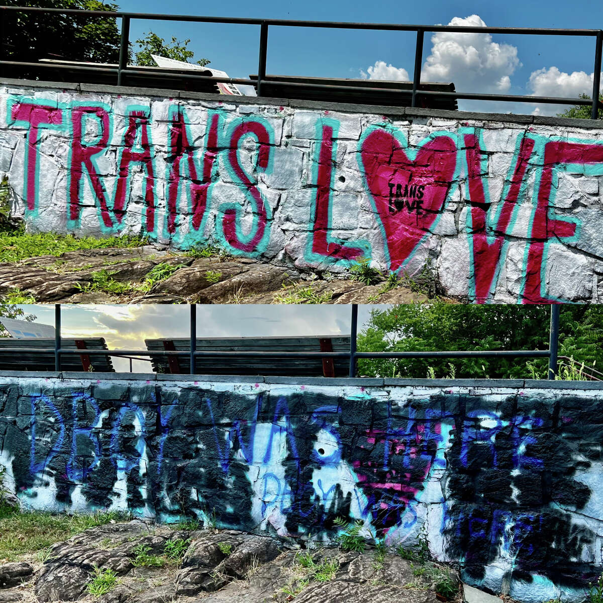A "Trans Love" mural atop East Rock in New Haven before and after it was vandalized.