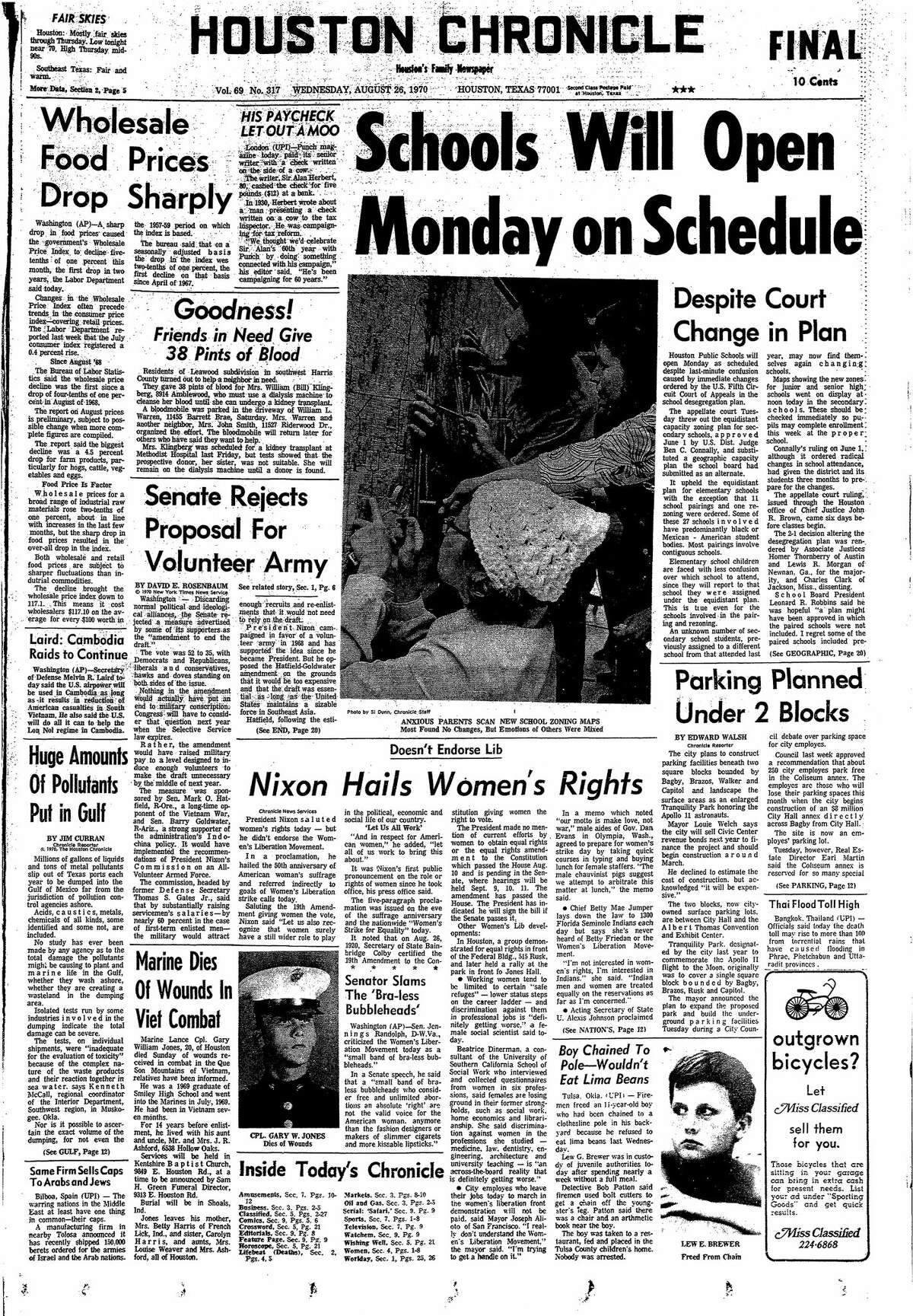 Houston Chronicle front page for Aug. 26, 1970.