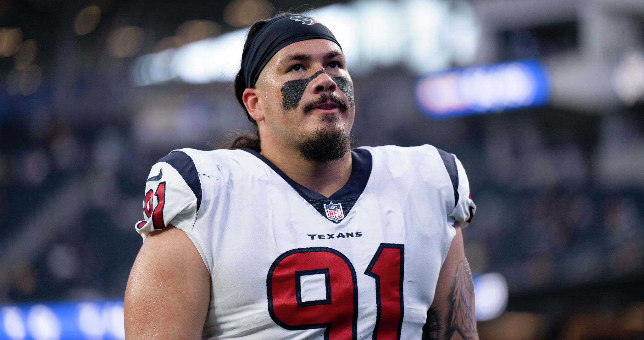 Houston Texans defensive tackle Roy Lopez (91) after an injury during the  second half of an NFL football game against the Cleveland Browns, Sunday,  Sept. 19, 2021, in Cleveland. (AP Photo/David Richard