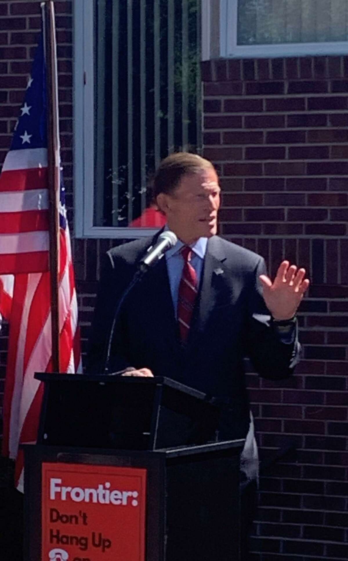 U.S. Senator Richard Blumenthal address members of Local 1298 of the Communications Workers of America Thursday during a press conference in Hamden.