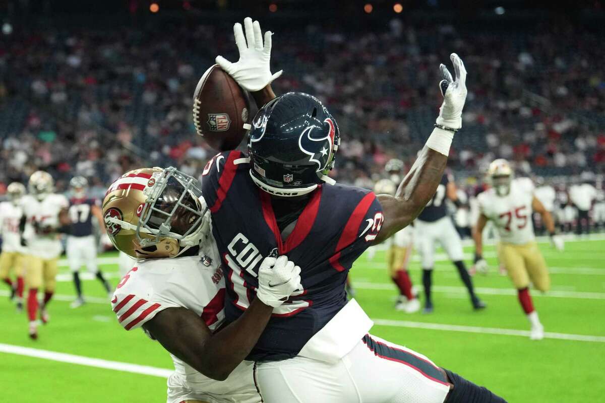 San Francisco 49ers cornerback Samuel Womack III (26) breaks up a pass in the end zone intended for Houston Texans wide receiver Nico Collins (12) and is called for interference on the play during the first half of an NFL football game Thursday, Aug. 25, 2022, in Houston.