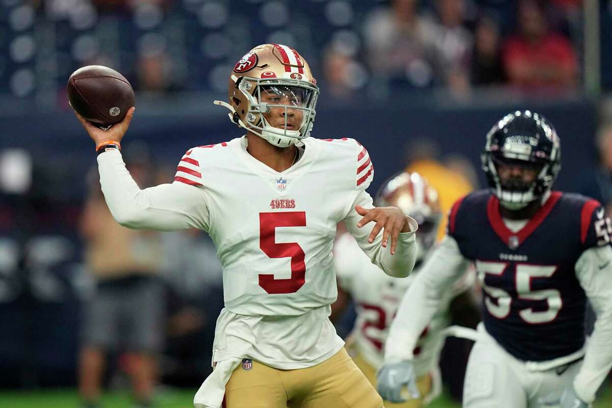 San Francisco 49ers quarterback Trey Lance (5) throws against the Houston Texans during the first half of an NFL football game Thursday, Aug. 25, 2022, in Houston. (AP Photo/David J. Phillip)