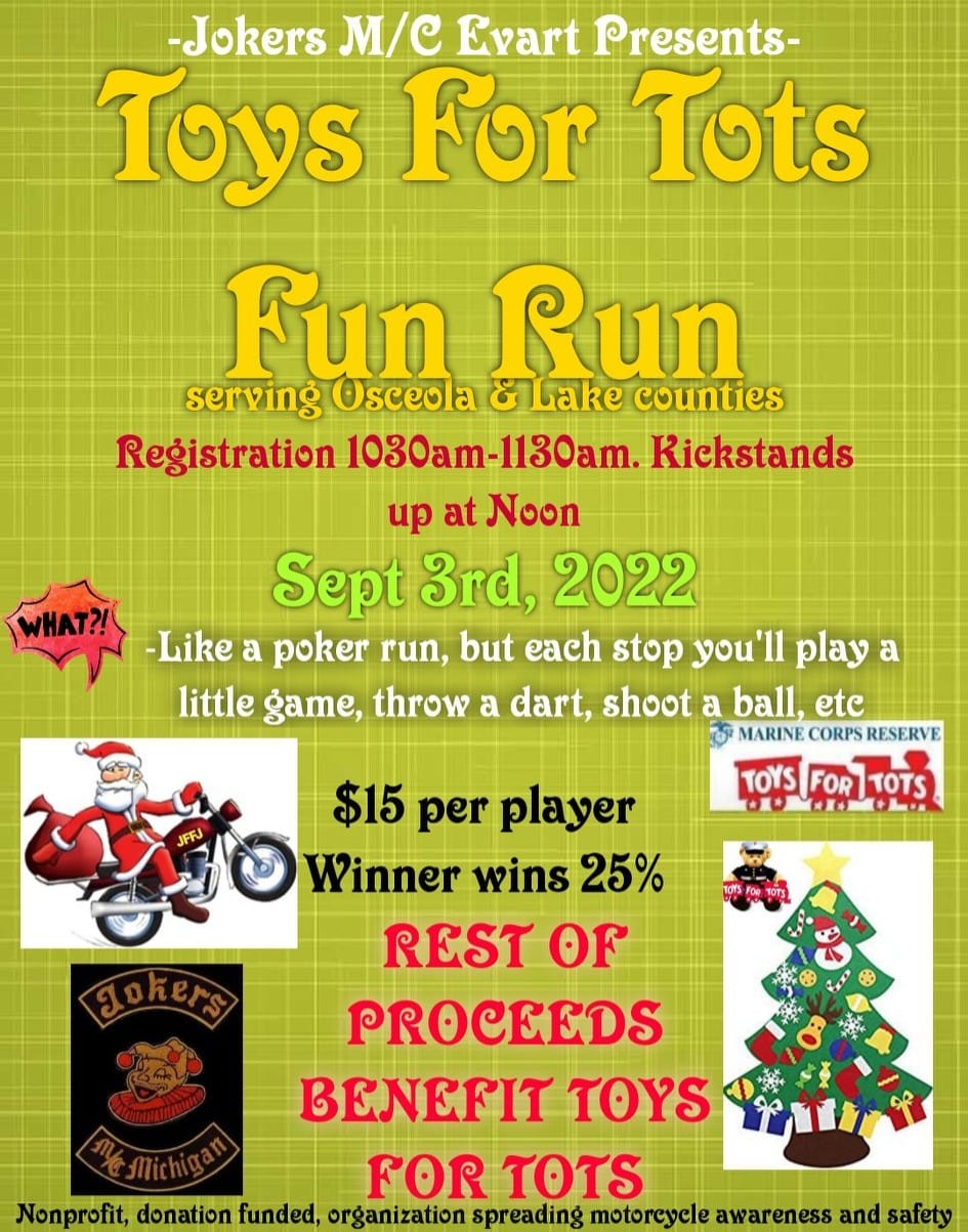 Evart motorcycle fun run to raise money for Toys for Toys