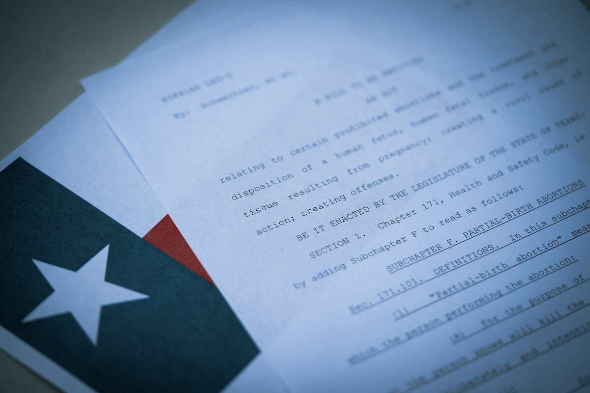 Close up view of Texas Abortion Law (TX SB8) next to the flag of Texas state.