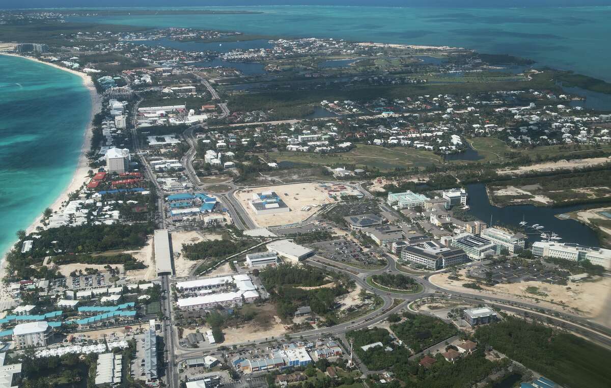 An aerial view of part of the island of Grand Cayman in the Cayman Islands.