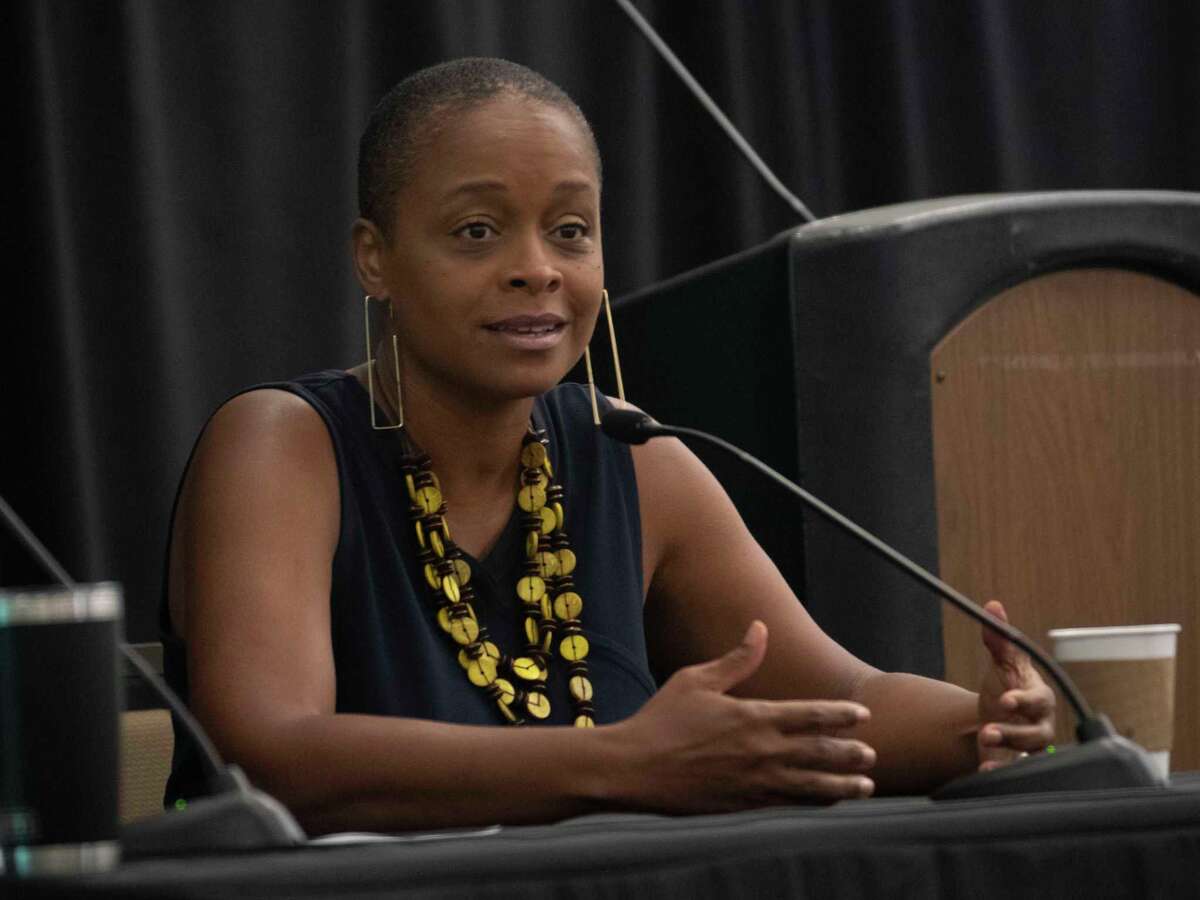 Tremaine Wright, chairwoman of the New York State Cannabis Control Board — and a former member of the state Assembly — talks to attendees during the New York Cannabis Convention held at the Albany Capital Center on Friday.