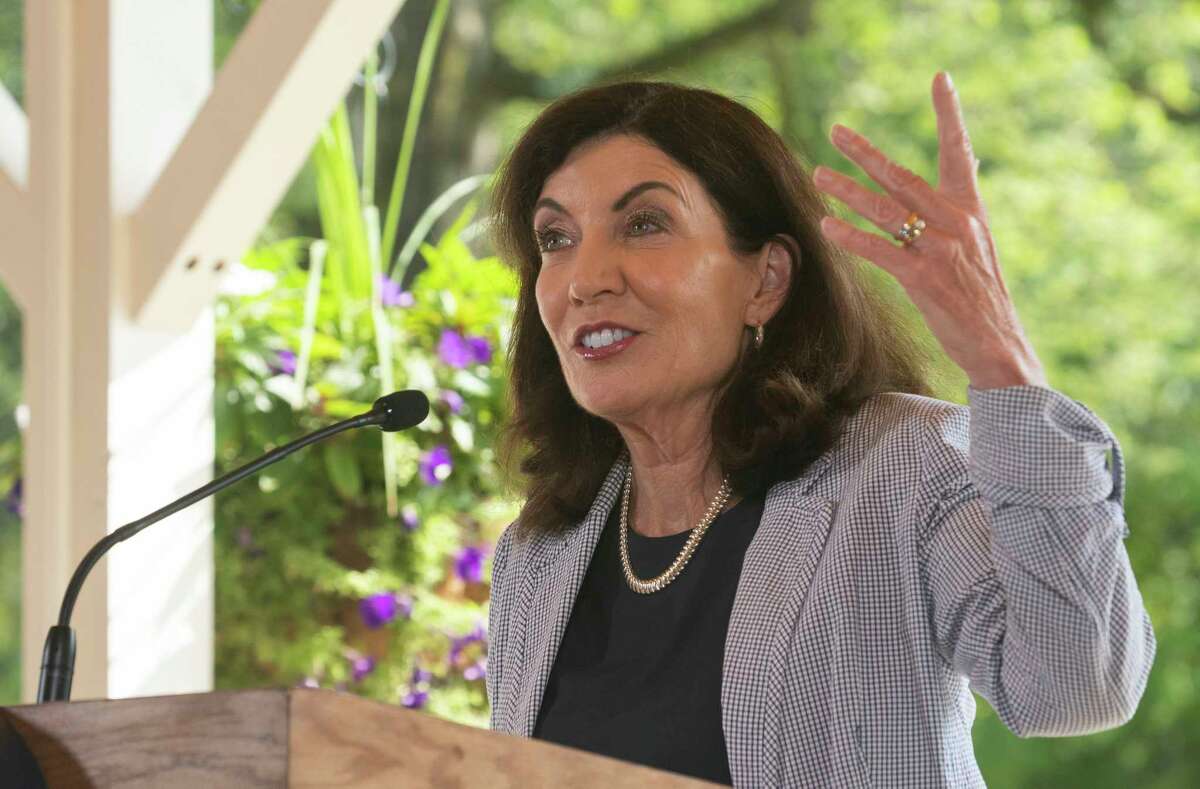 Governor Kathy Hochul speaking recently in Saratoga Springs, N.Y.
