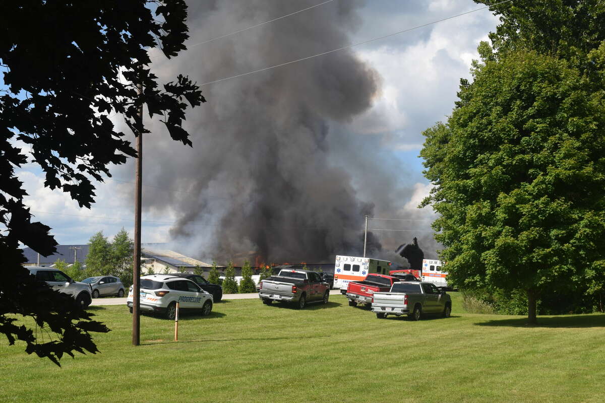 Fire departments from several towns were called as mutual aid after fire roared through Westermeyer Industries in Bluffs on Friday. No one was injured, but about two-thirds of the 100,000-square-foot facility was destroyed.