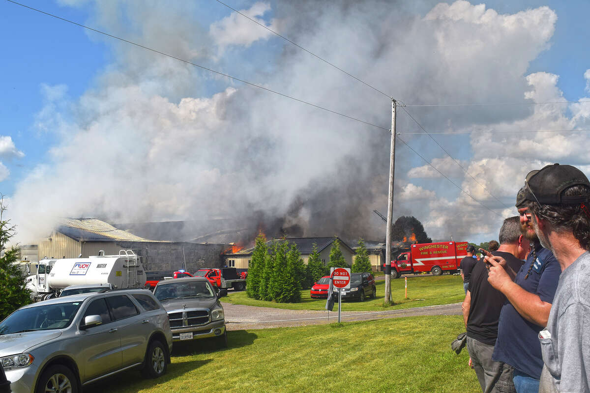Fire departments from several towns were called as mutual aid after fire roared through Westermeyer Industries in Bluffs on Friday. No one was injured, but about two-thirds of the 100,000-square-foot facility was destroyed.