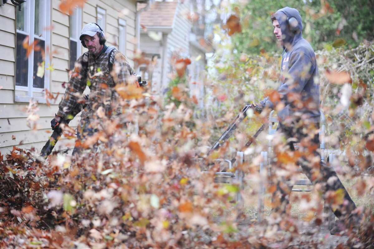 A crew from Stamford based Caretaker Landscaping blow leaves into a pile on Merriman Road for the city to pick up in Stamford, Conn. on Monday, Nov. 20, 2017.