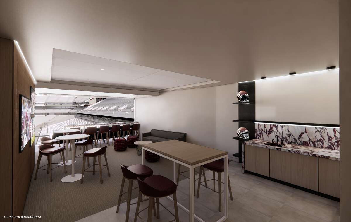 A rendering of the interior of one of the planned south end zone suites at Kyle Field.