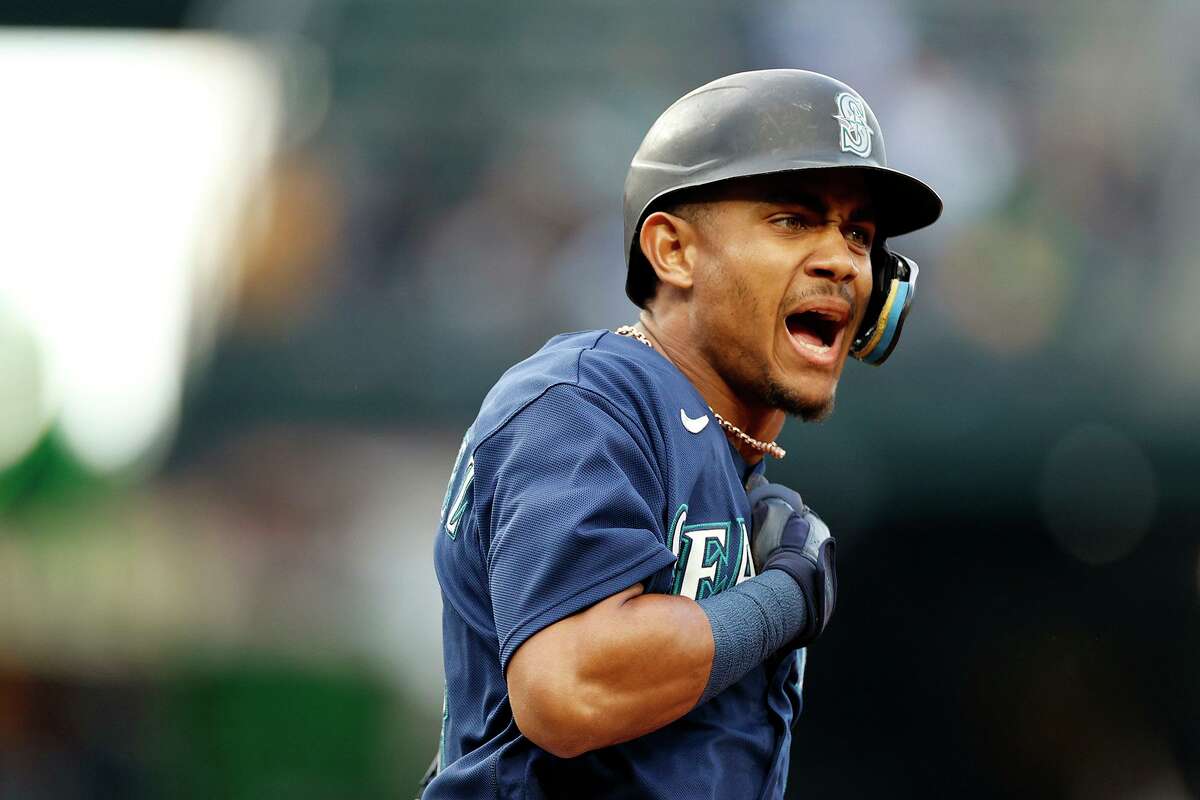 Julio Rodriguez (44) of the Seattle Mariners celebrates his three-run home run in the third inning against the Oakland Athletics at T-Mobile Park on May 23, 2022, in Seattle, Washington. (Steph Chambers/Getty Images/TNS)