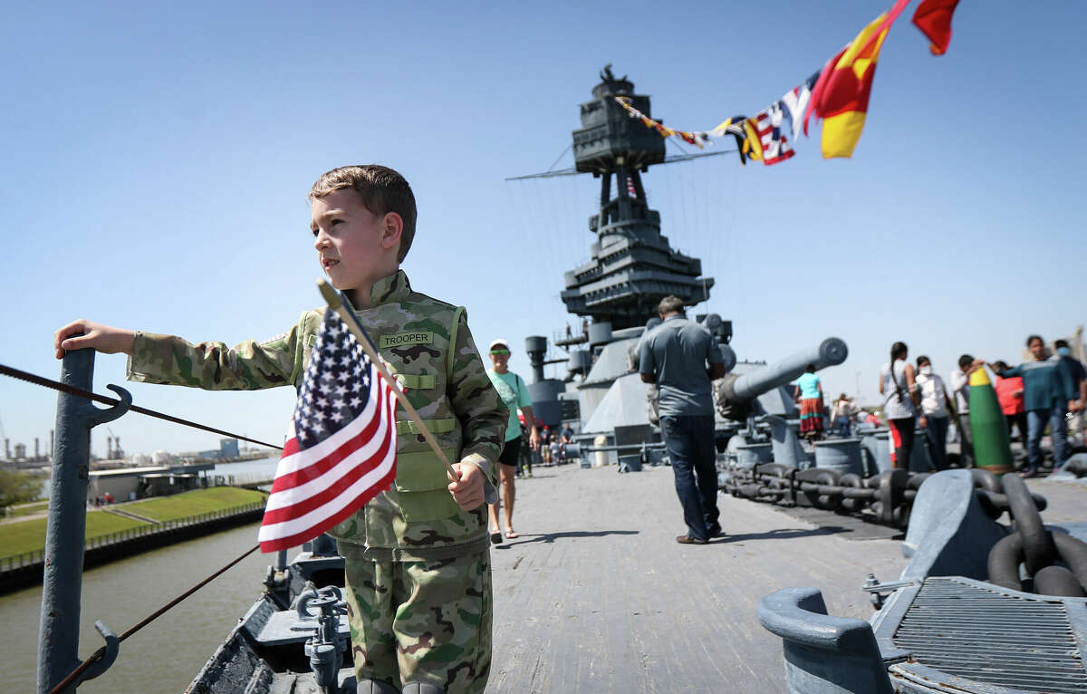 Charlie Matejka, 6, visits the Battleship Texas on Saturday, March 26, 2022, in La Porte. This is the last weekend that the ship will be open to the public. It is scheduled to be towed to a shipyard in Galveston for repairs, where it will stay until at least May 2023. The ship was commissioned in 1914, and it saw action in World War I and World War II. It was later brought to Texas with the help of children saving nickels and dimes, according to Tony Gregory, president and CEO of the Battleship Texas Foundation.