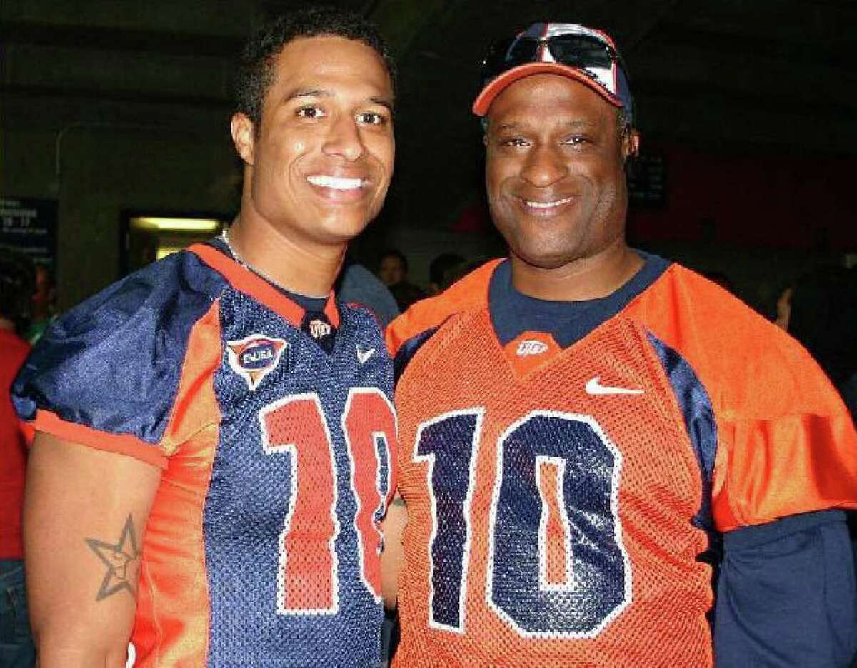 UTEP’s Trevor Vittatoe and his father, Vern Vittatoe, a former Marshall High basketball standout, pose for a photo recently.